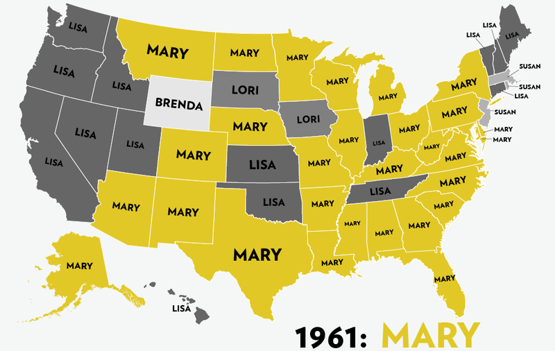 Illustration for article titled Map: Six Decades of the Most Popular Names for Girls, State-by-State
